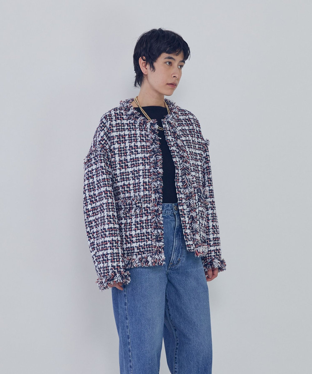 1er Arrondissement TORNIERフリンジツイードジャケット ネイビー