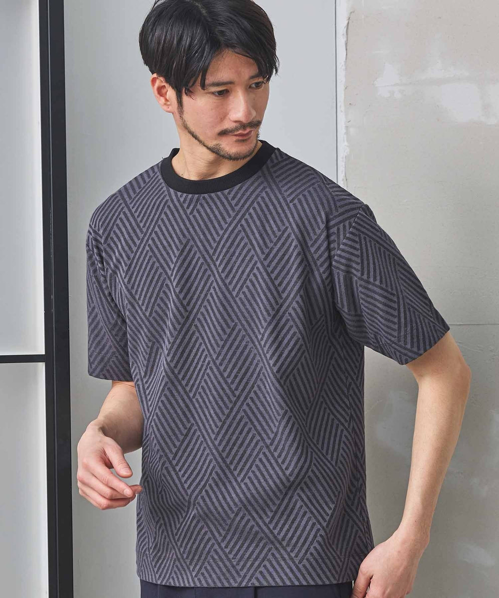 UNION STATION 配色ジオメトリックリンク柄スジャガードTシャツ ブラック