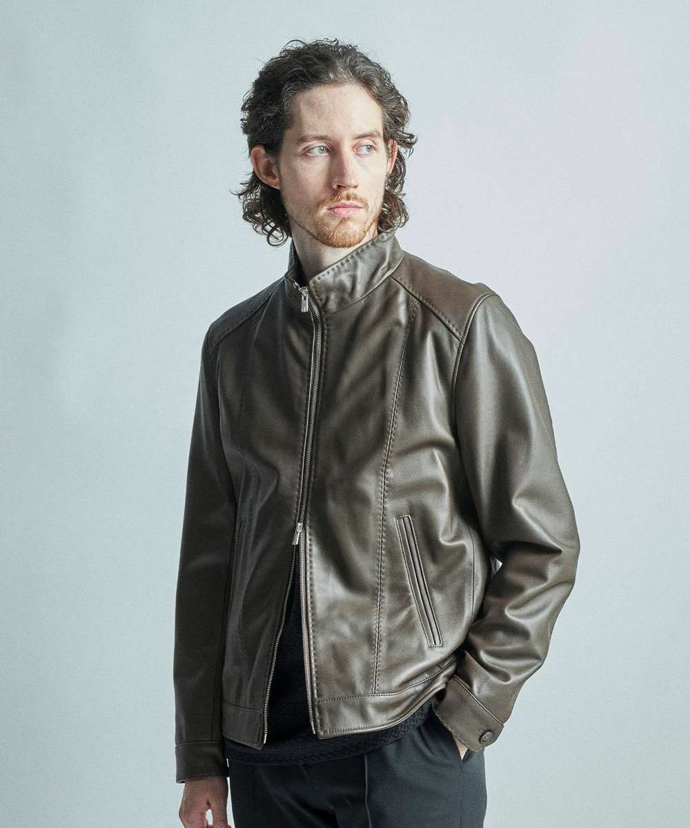 MEN'S BIGI スタンドカラーシングルライダース シープレザージャケット ブラウン