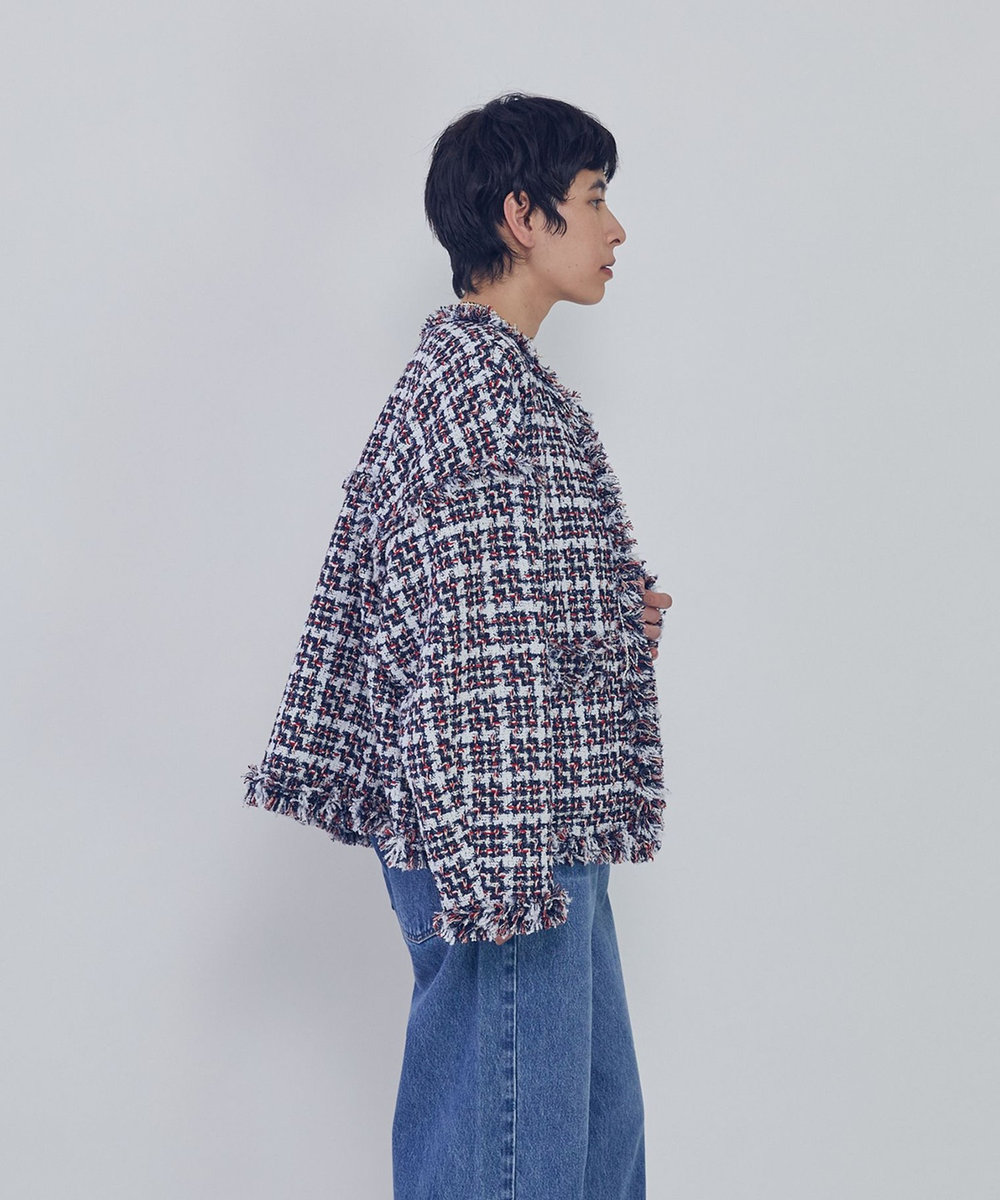 1er Arrondissement TORNIERフリンジツイードジャケット ネイビー