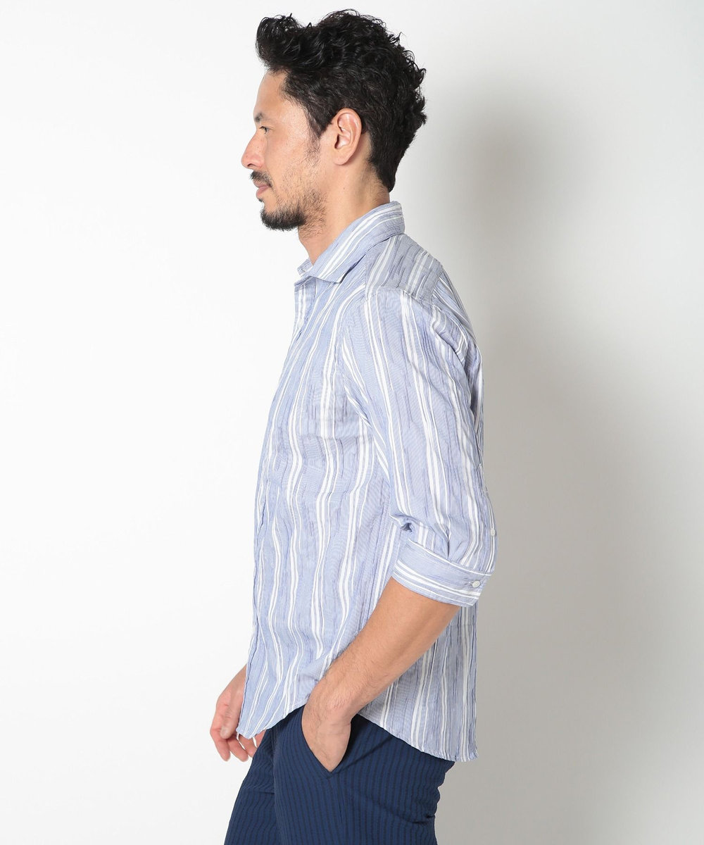 MEN'S BIGI 変形タックサッカーストライプ7分シャツ ブルー