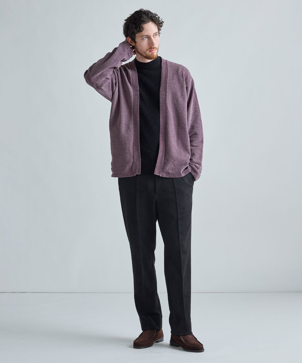 MEN'S BIGI モールヘリンボン ボタンレスカーディガン パープル