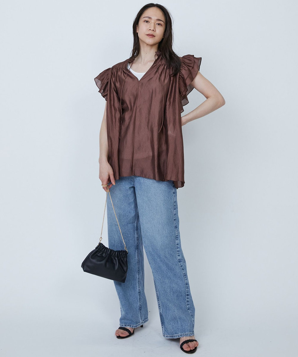 1er Arrondissement 【WEB限定】ワッシャーサテンフリルスリーブブラウス ブラウン