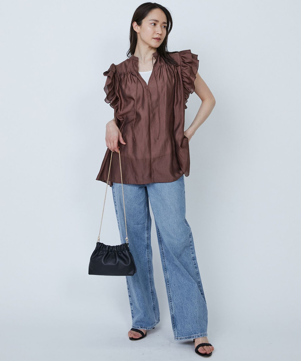 1er Arrondissement 【WEB限定】ワッシャーサテンフリルスリーブブラウス ブラウン
