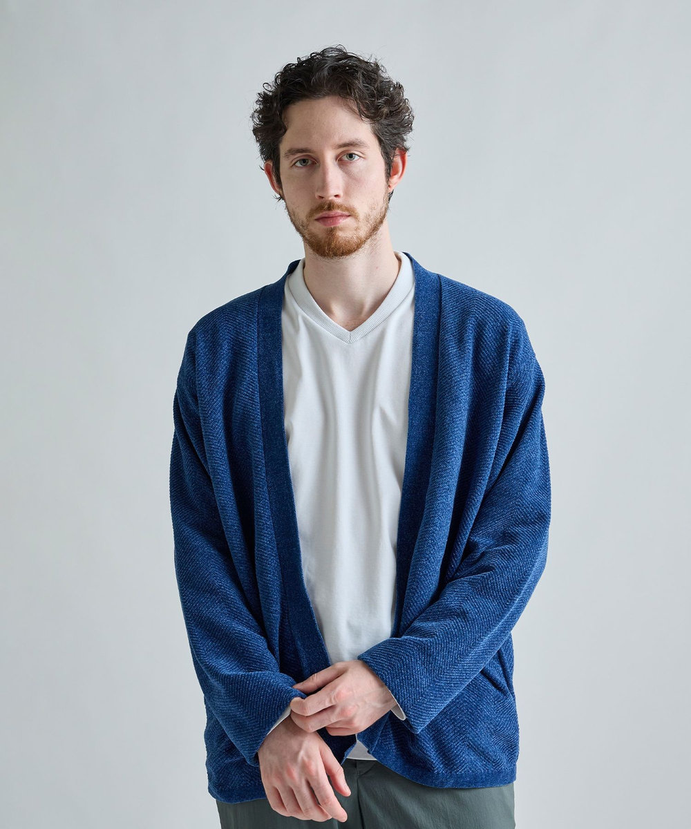 MEN'S BIGI モールヘリンボン ボタンレスカーディガン ブルー