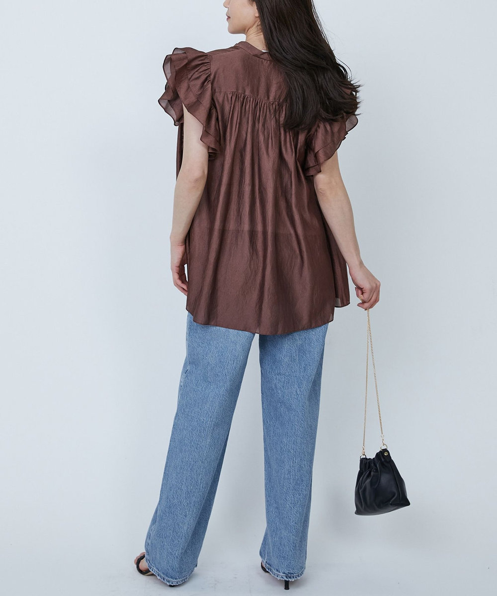1er Arrondissement 【WEB限定】ワッシャーサテンフリルスリーブブラウス ブラウン