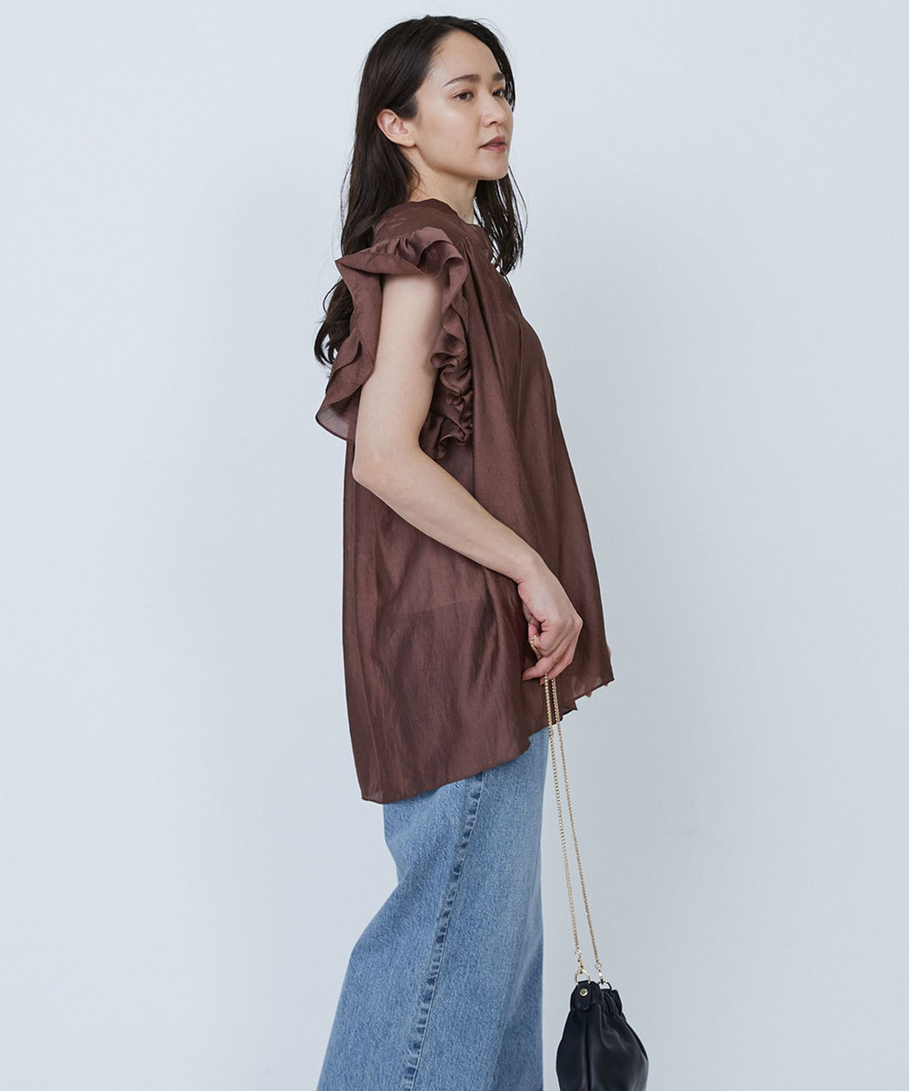 1er Arrondissement 【WEB限定】ワッシャーサテンフリルスリーブブラウス ブラウン