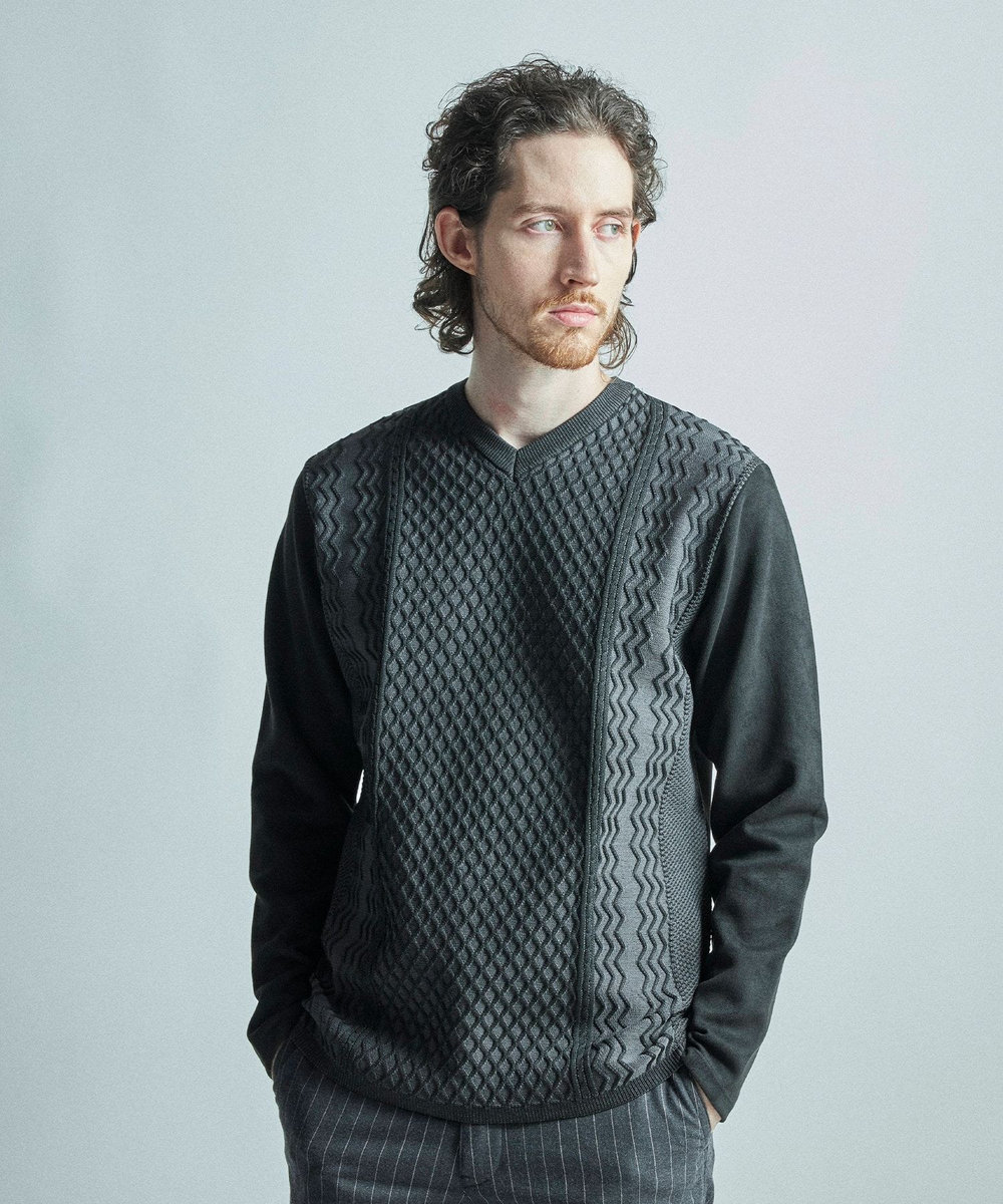 MEN'S BIGI ニットコンビ フェイクスエード長袖Tシャツ ブラック