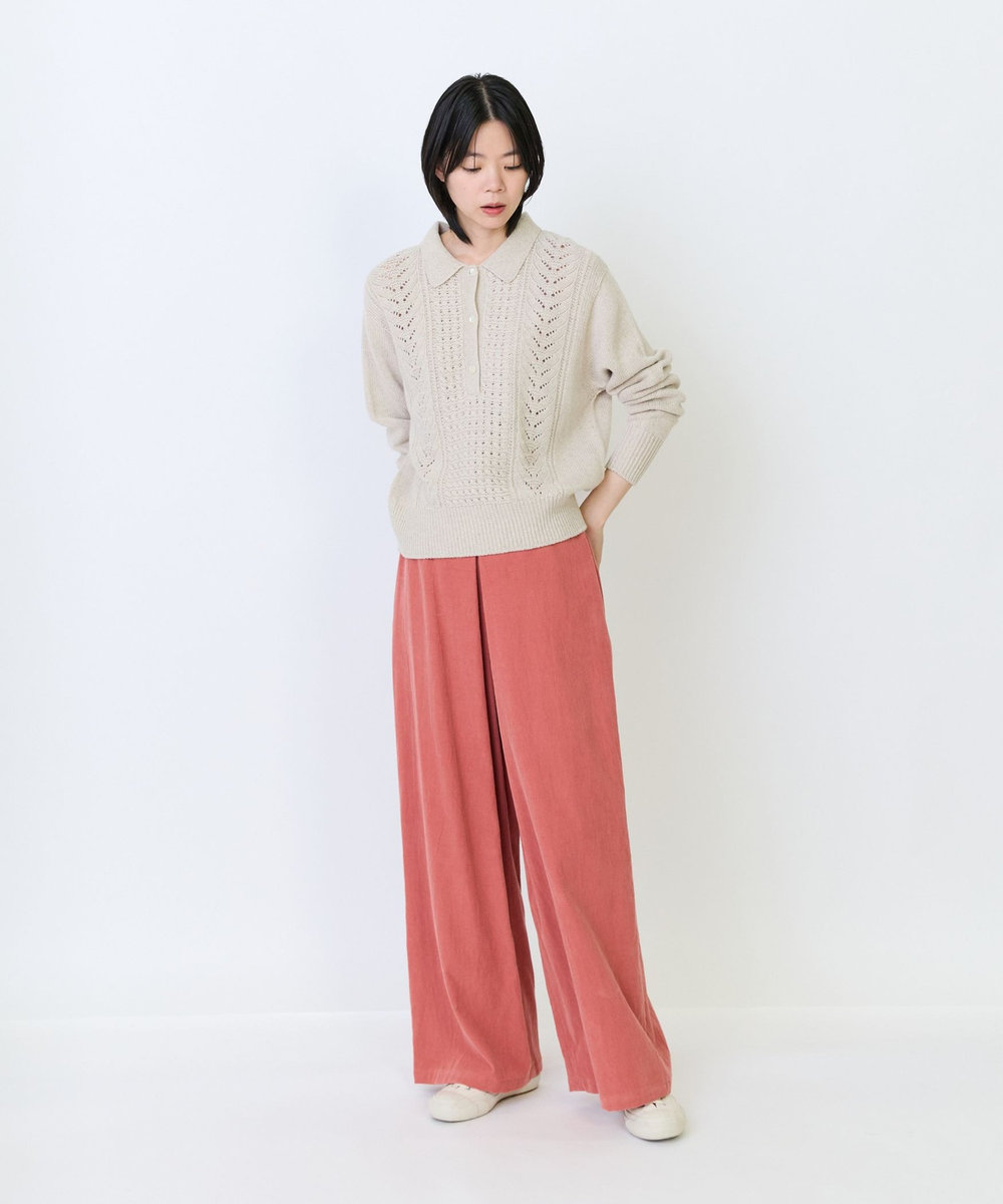 LOISIR リネンウールホールガーメント透かし地柄ポロニット キナリ