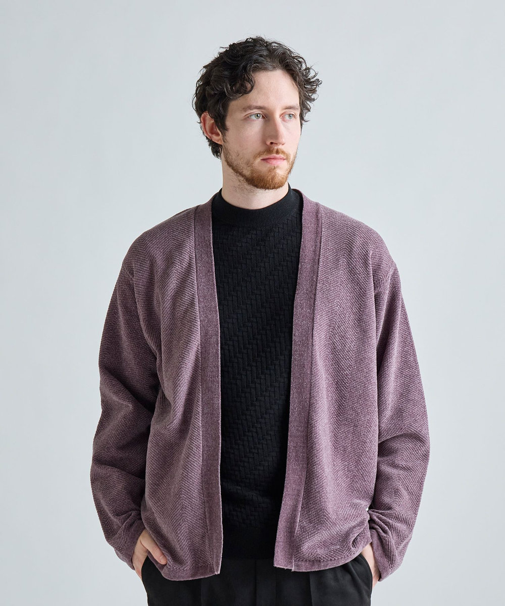 MEN'S BIGI モールヘリンボン ボタンレスカーディガン パープル