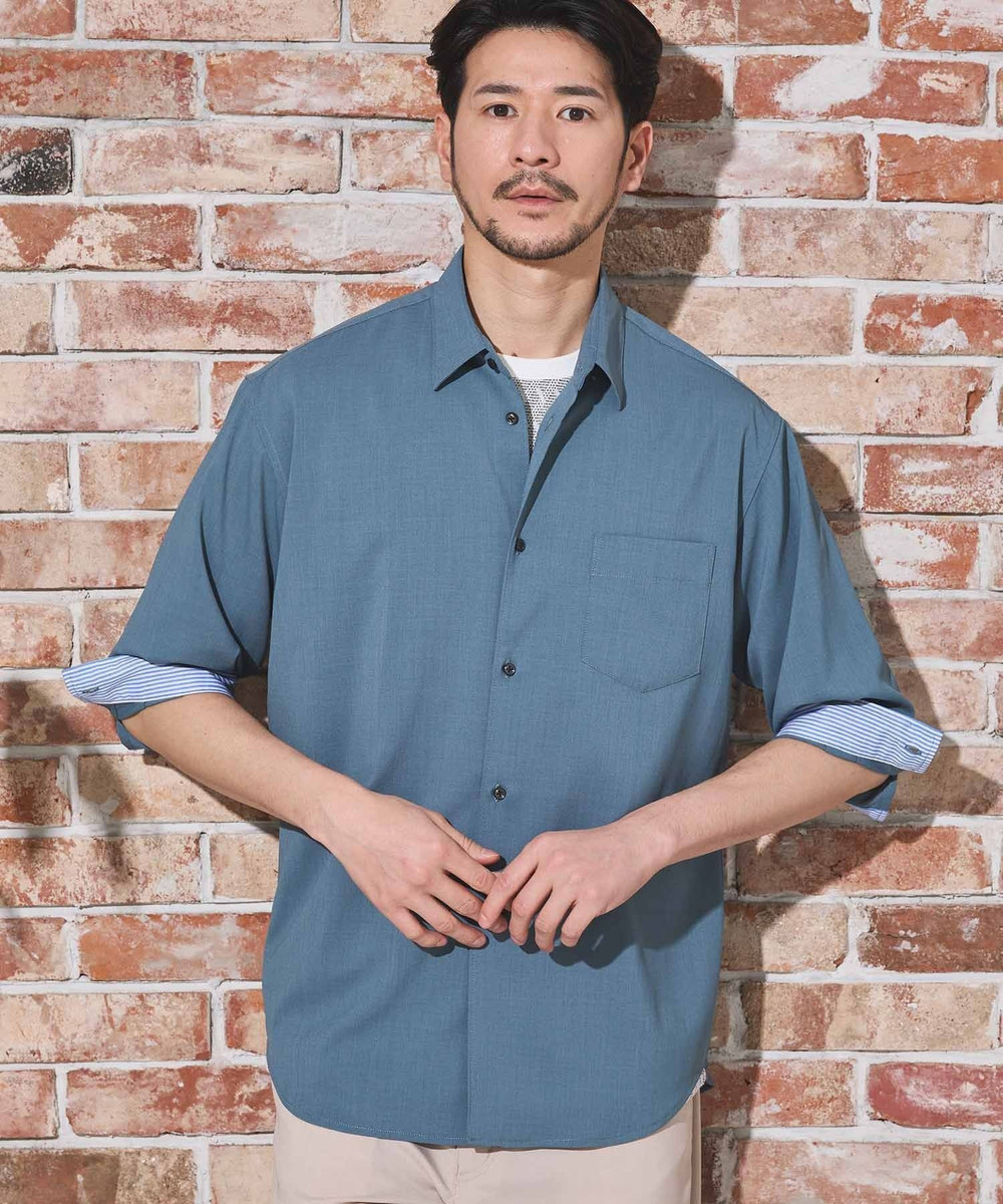 UNION STATION ストレッチカチオン七分袖シャツ ライトブルー