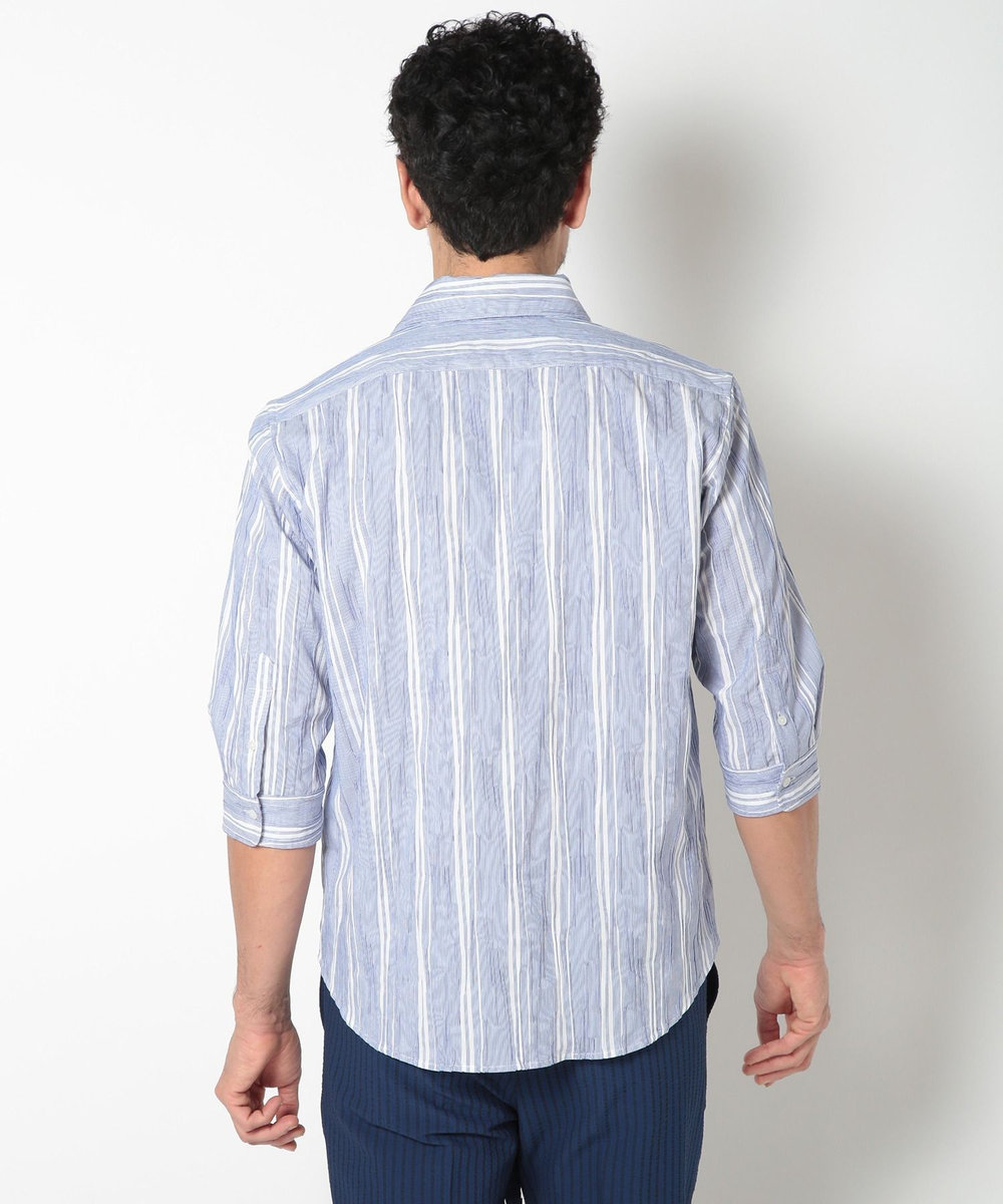 MEN'S BIGI 変形タックサッカーストライプ7分シャツ ブルー