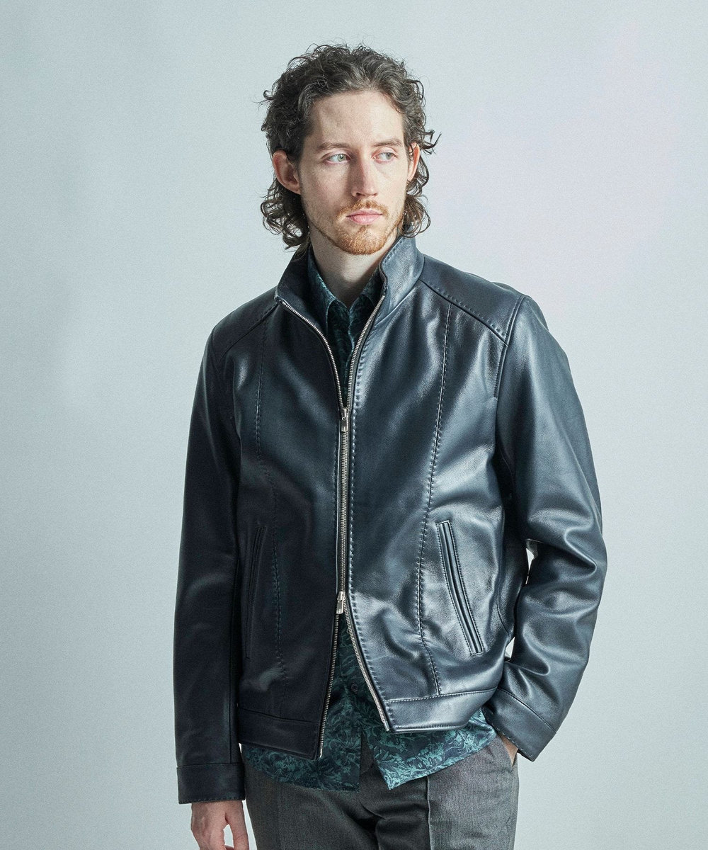 MEN'S BIGI スタンドカラーシングルライダース シープレザージャケット ネイビー