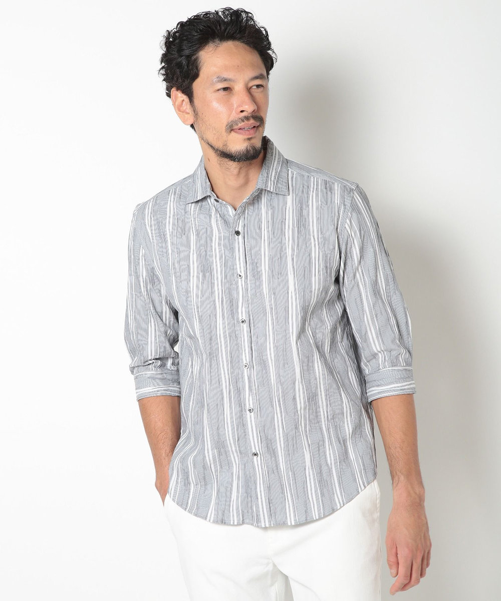 MEN'S BIGI 変形タックサッカーストライプ7分シャツ ネイビー