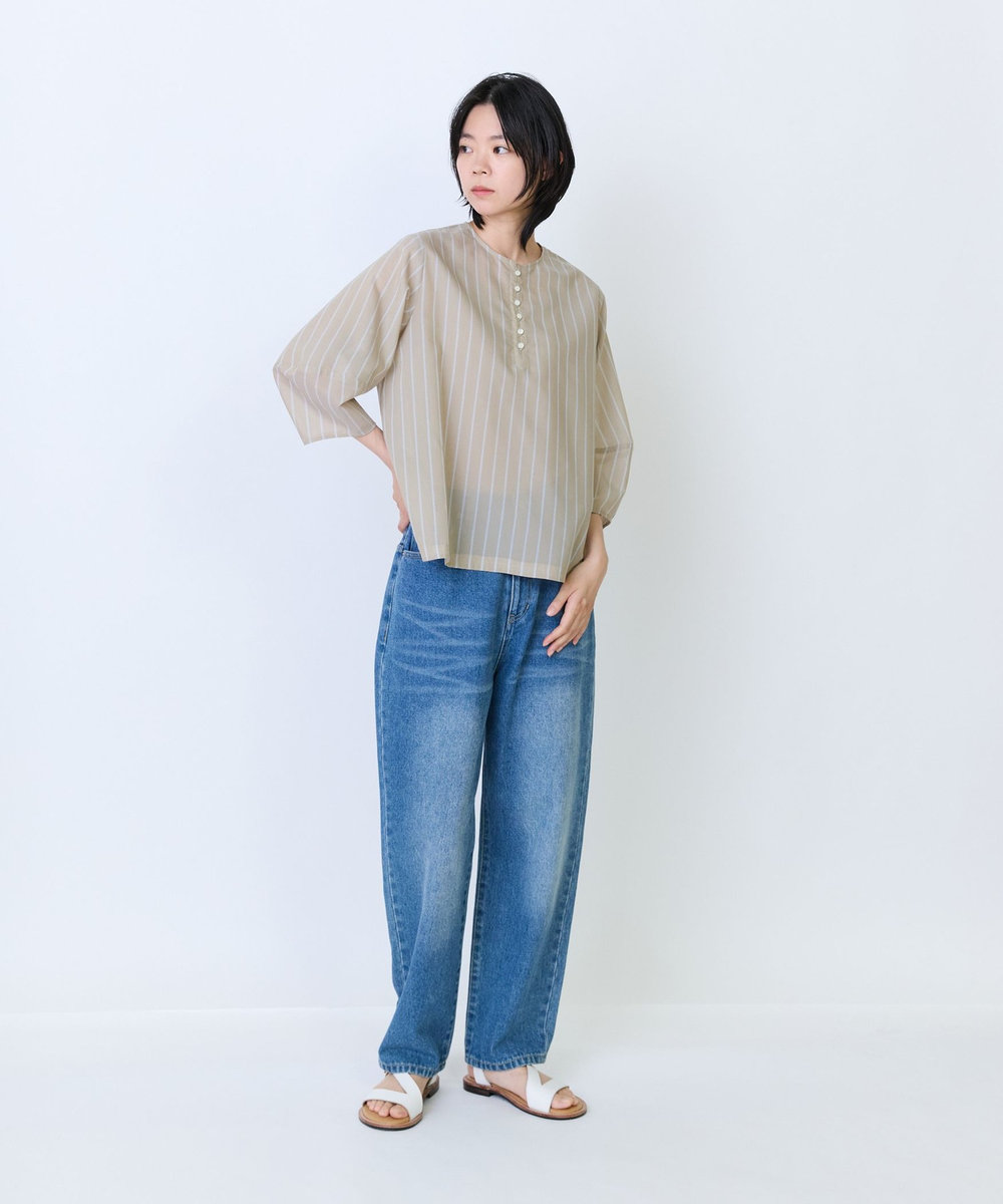 LOISIR エステルコットンストライプボトルスリーブブラウス ベージュ系その他