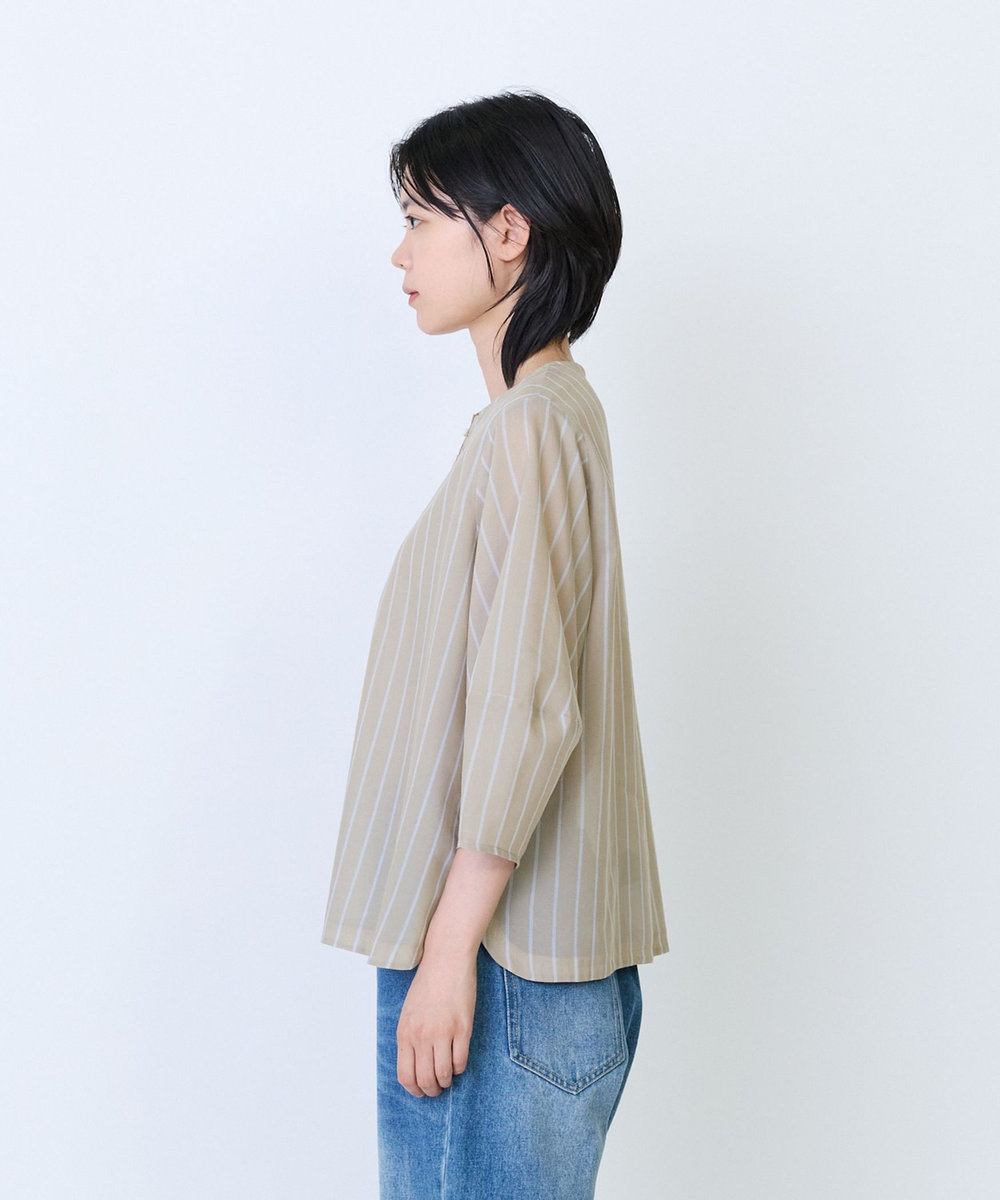LOISIR エステルコットンストライプボトルスリーブブラウス ベージュ系その他