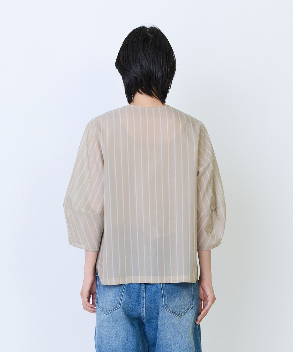 LOISIR エステルコットンストライプボトルスリーブブラウス ベージュ系その他