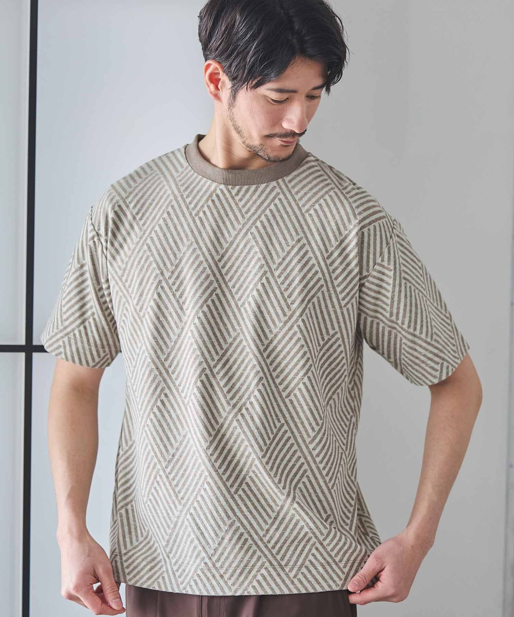 UNION STATION 配色ジオメトリックリンク柄スジャガードTシャツ ベージュ