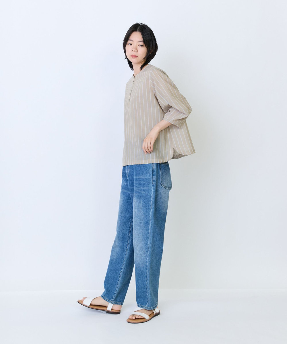 LOISIR エステルコットンストライプボトルスリーブブラウス ベージュ系その他