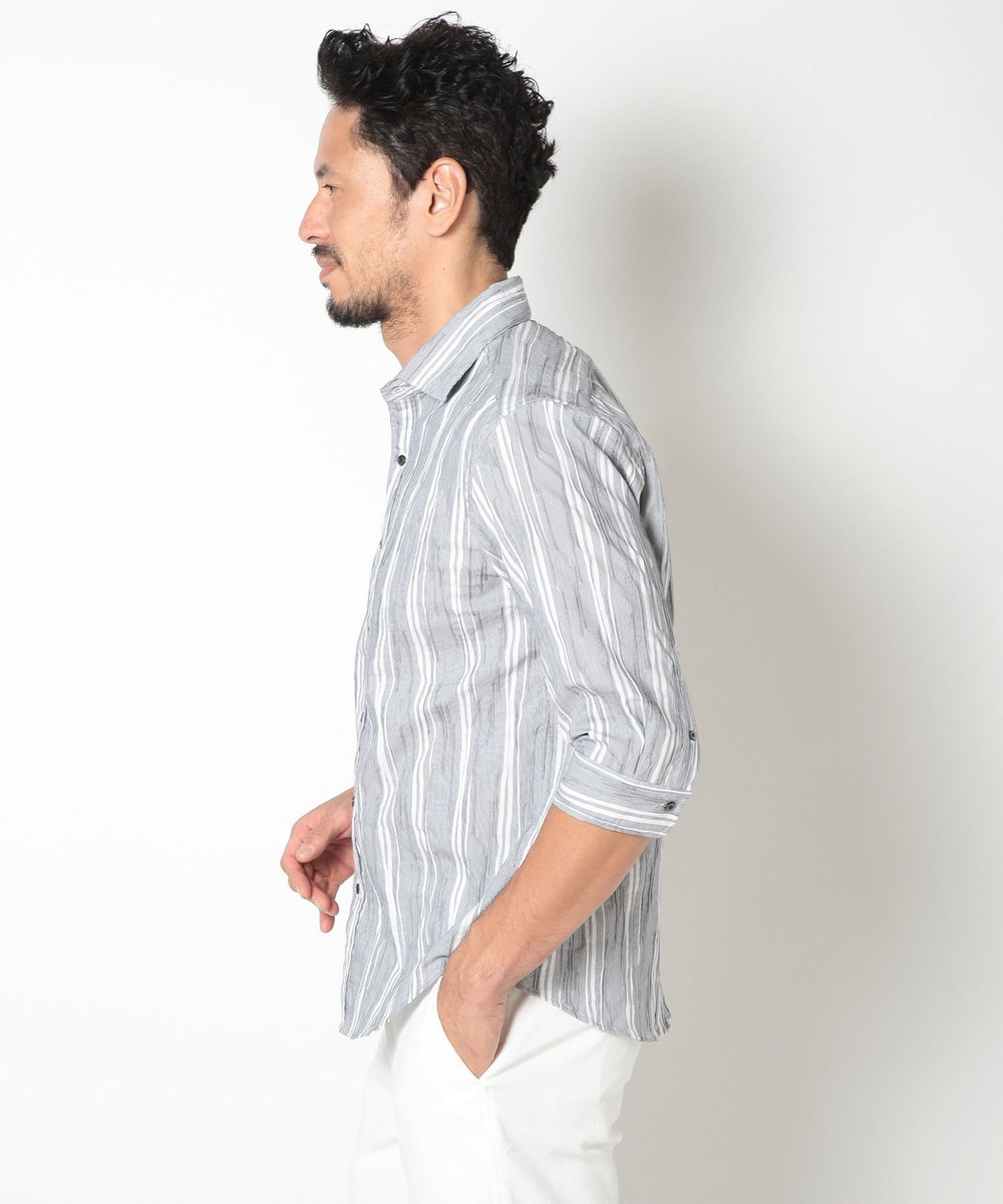 MEN'S BIGI 変形タックサッカーストライプ7分シャツ ネイビー
