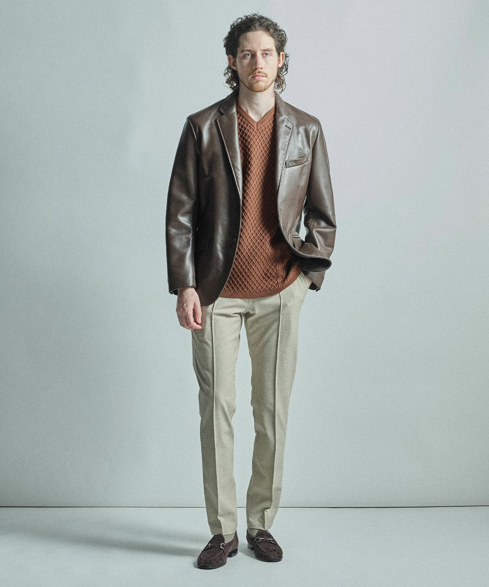 MEN'S BIGI ニットコンビ フェイクスエード長袖Tシャツ ブラウン