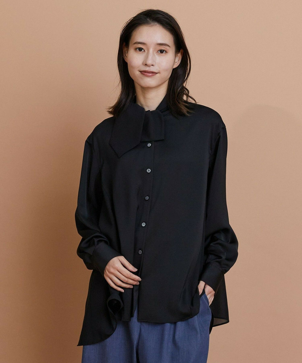 L'EQUIPE クレープサテン＆シフォンブラウス ブラック