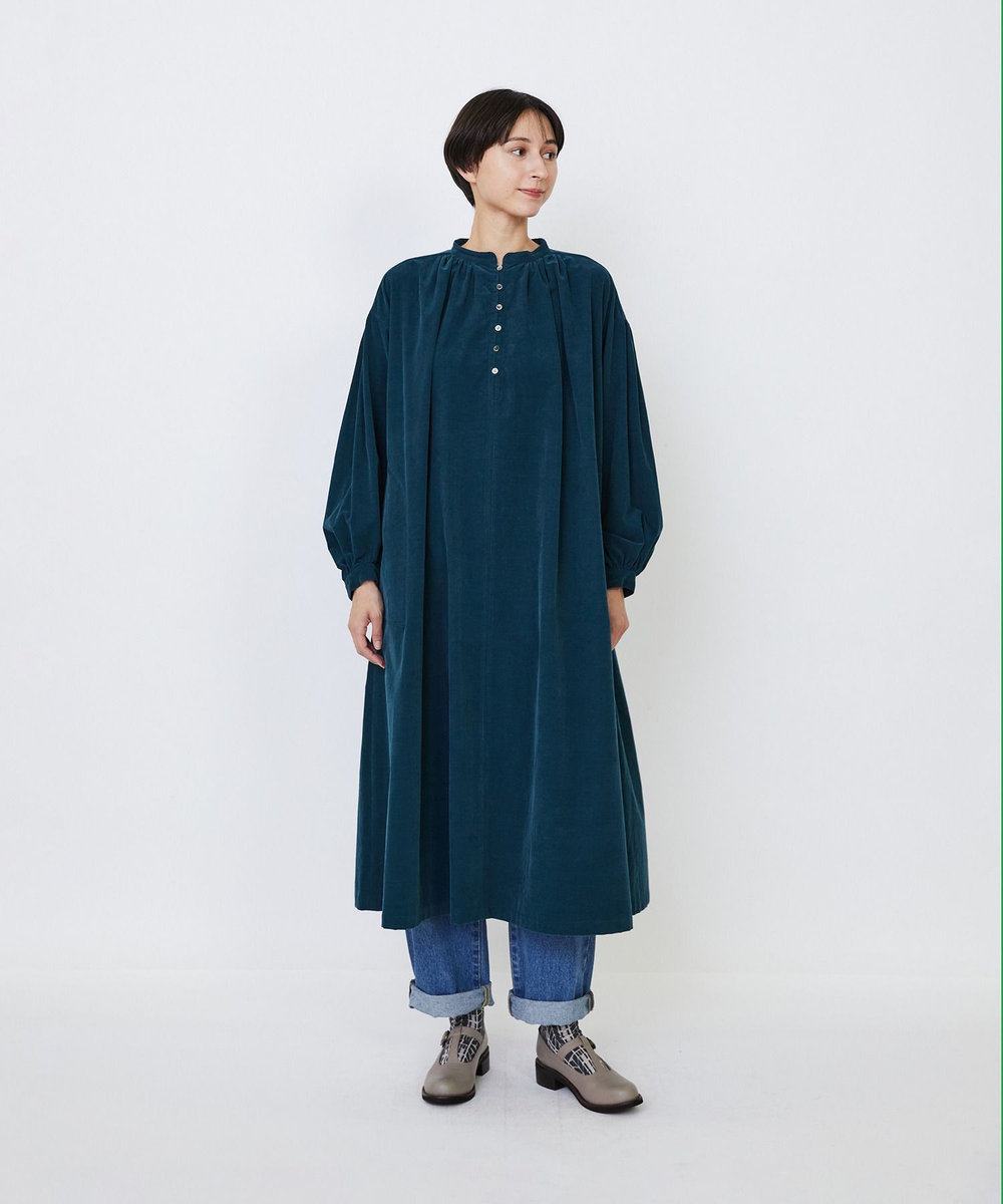 LOISIR 【MTサイズ有り】コットン細コールスモックワンピース グリーン