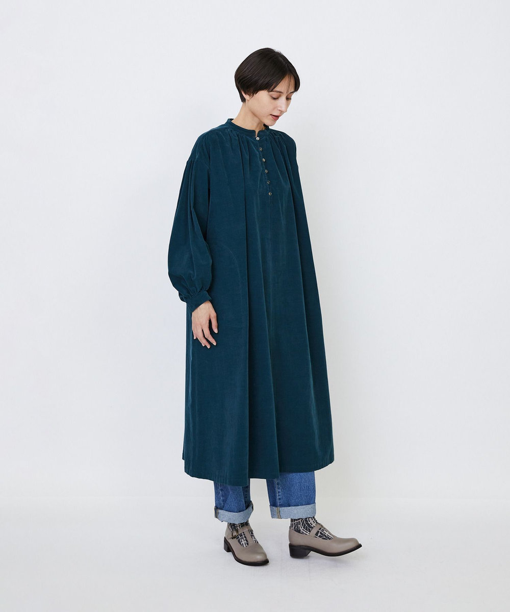 LOISIR 【MTサイズ有り】コットン細コールスモックワンピース グリーン