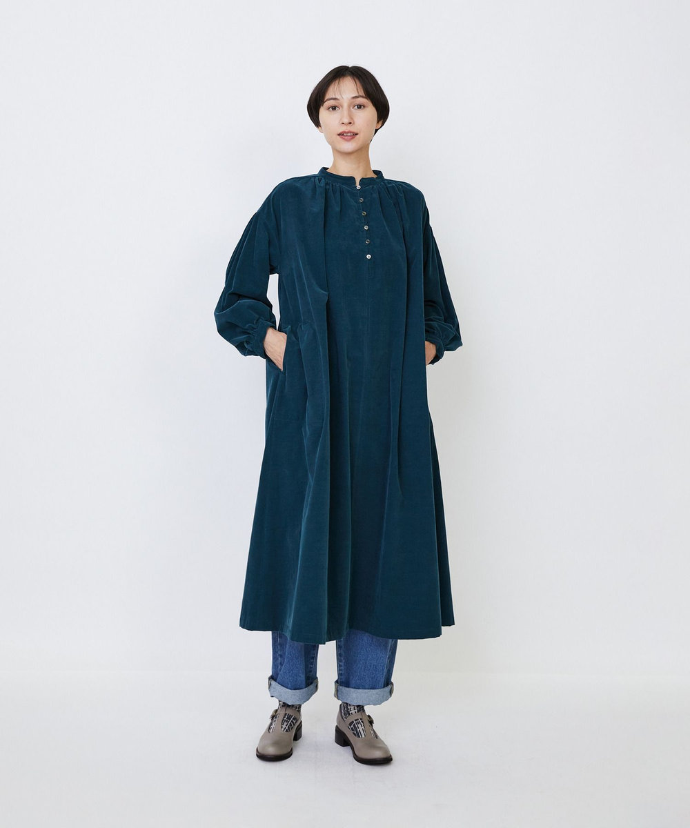 LOISIR 【MTサイズ有り】コットン細コールスモックワンピース グリーン