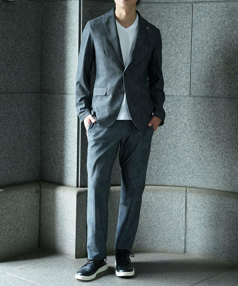 MEN'S BIGI 【COLE HAAN/コール ハーン】別注 トリコットメッシュデニムプリント ストレッチパンツ＜吸水速乾/EASY CARE＞ ブルー