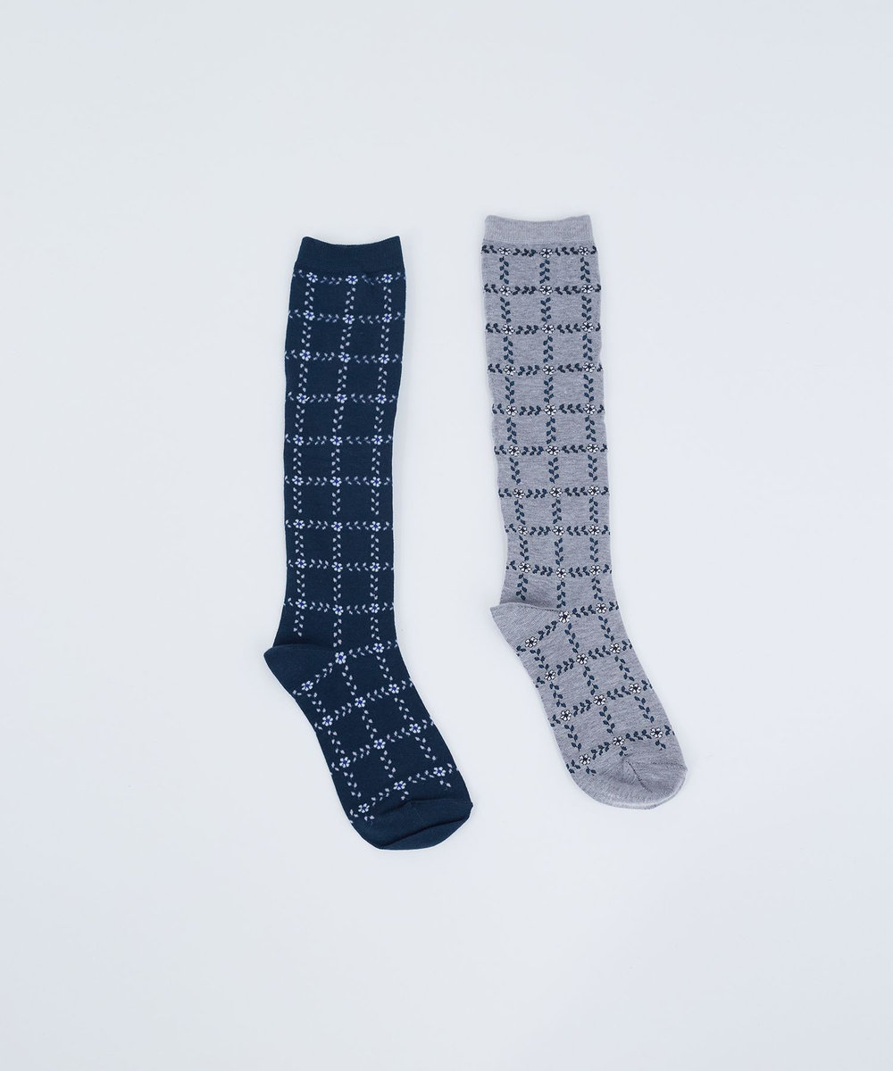 ADIEU TRISTESSE ボタニカルプラッドハイソックス グレー系その他