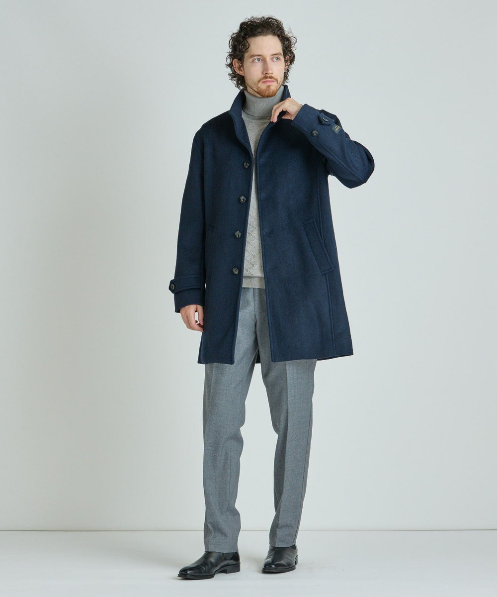 MEN'S BIGI Super140ウールヘリンボーンビーバー スタンドカラーコート ネイビー