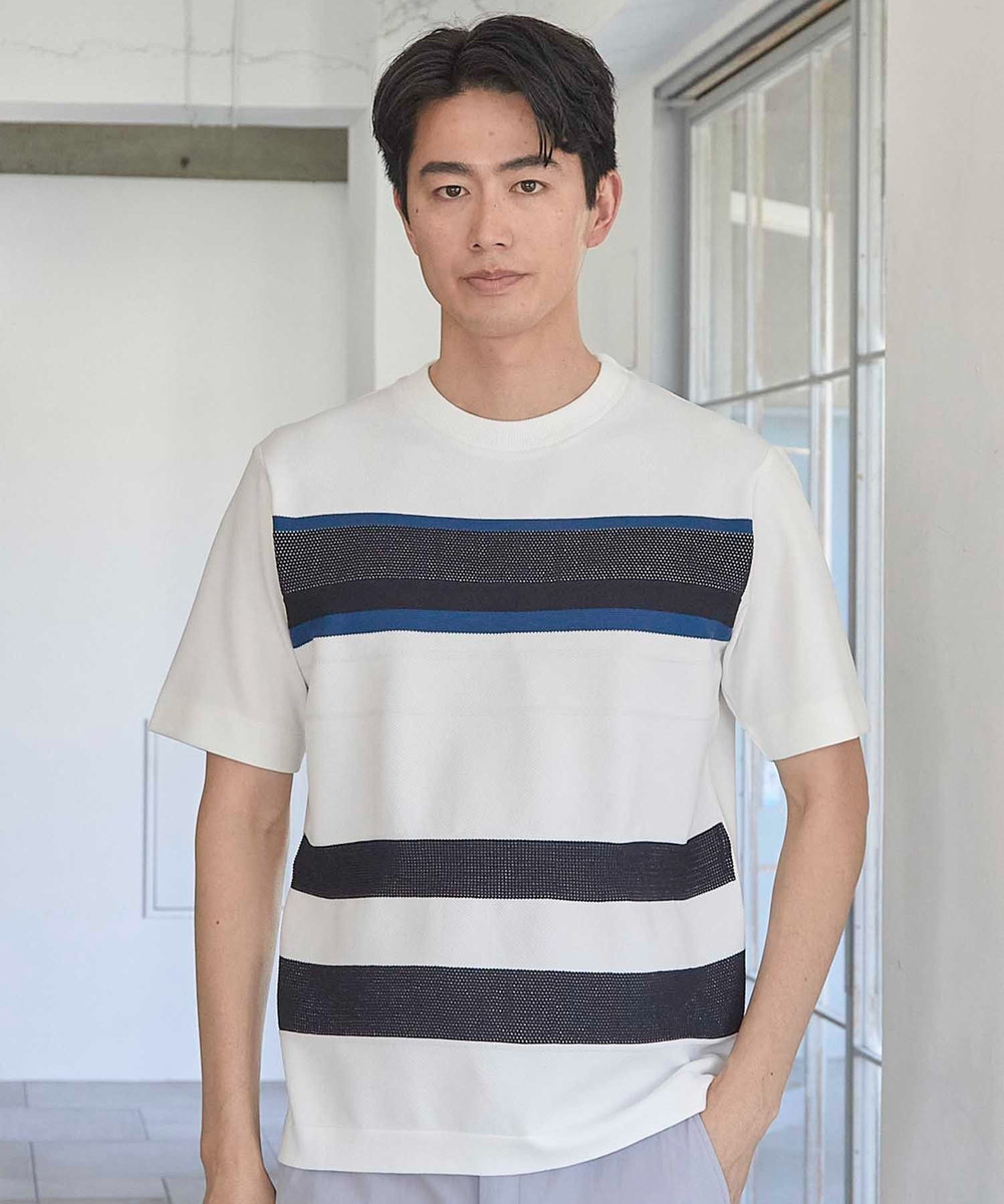 UNION STATION ニット切り替え ボーダー ポンチTシャツ ホワイト