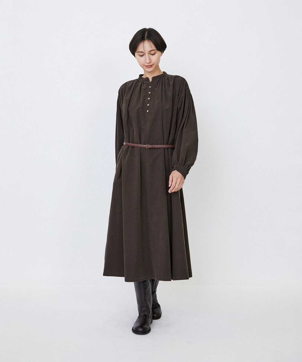 LOISIR 【MTサイズ有り】コットン細コールスモックワンピース ブラウン