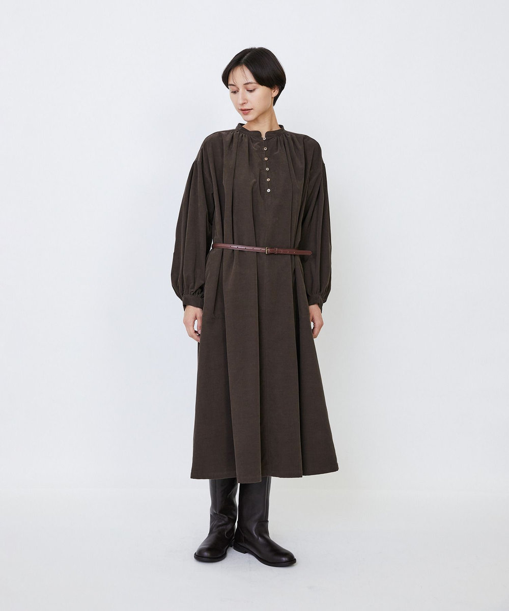 LOISIR 【MTサイズ有り】コットン細コールスモックワンピース ブラウン