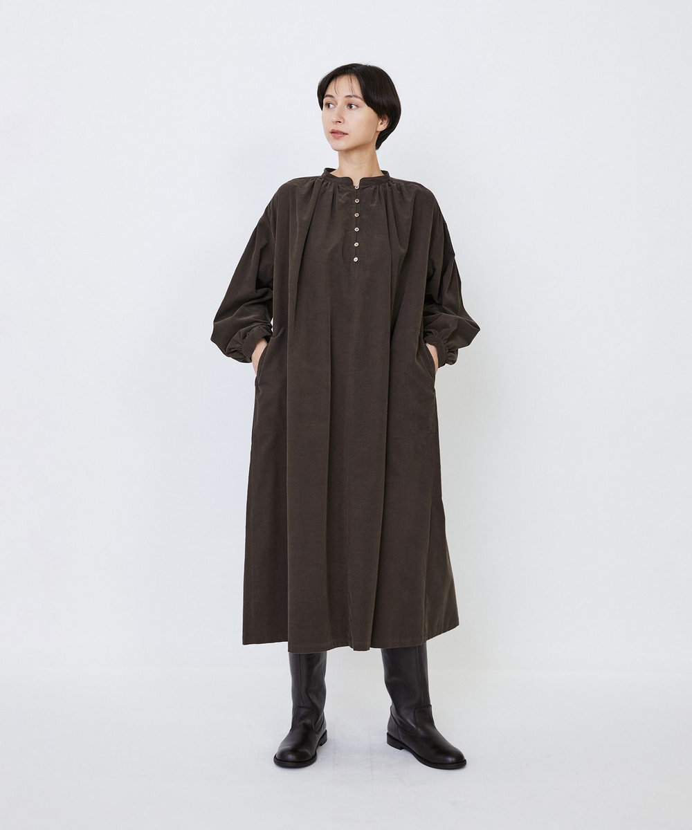 LOISIR 【MTサイズ有り】コットン細コールスモックワンピース ブラウン