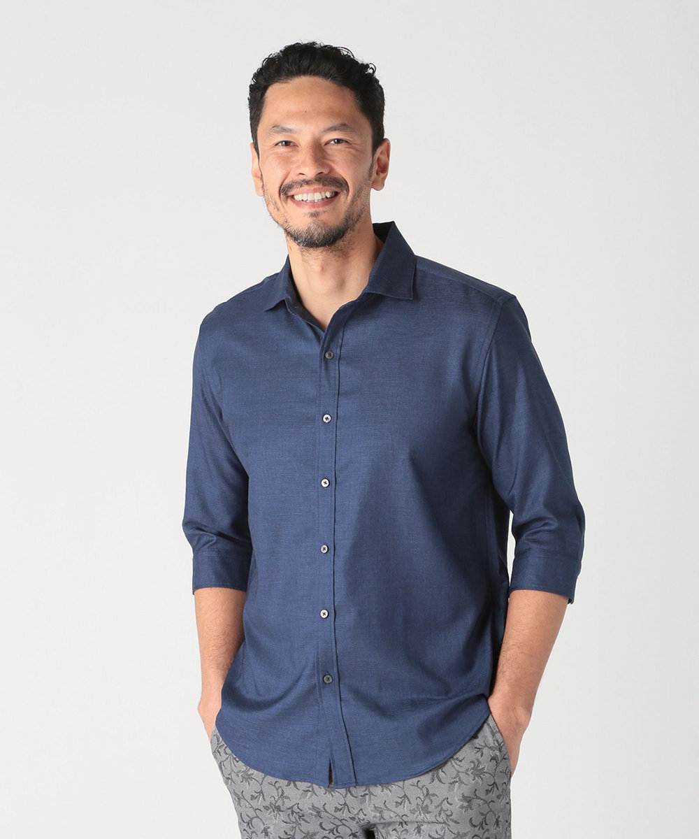 MEN'S BIGI オクシィジュエルストレッチ七分袖シャツ〈ストレッチ〉 ネイビー