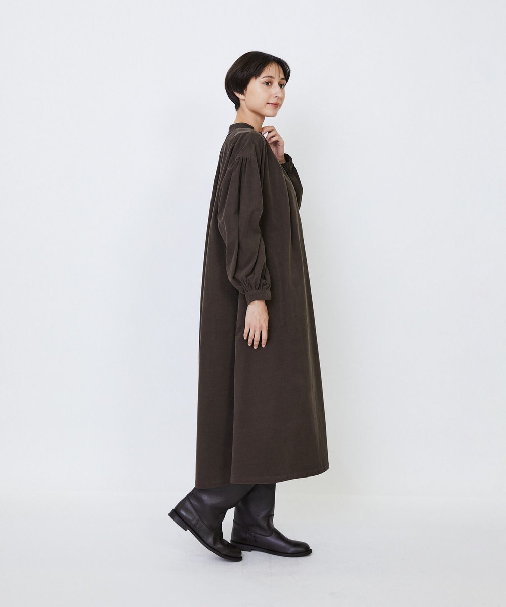 LOISIR 【MTサイズ有り】コットン細コールスモックワンピース ブラウン