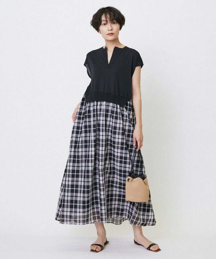 feerique ニット×シアーチェックドッキングワンピース