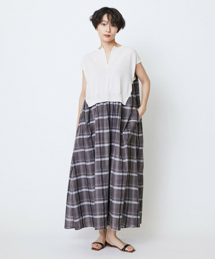 feerique ニット×シアーチェックドッキングワンピース