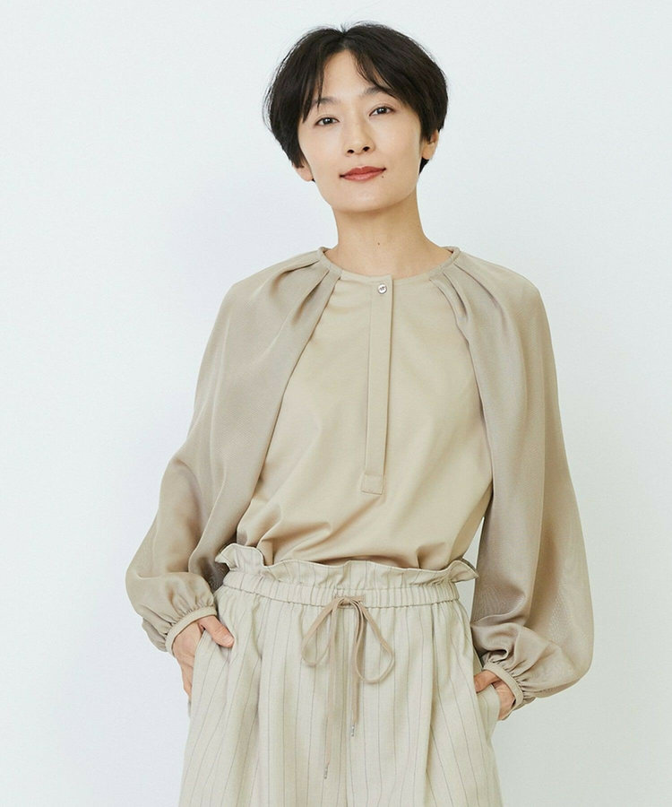 feerique メッシュ×ジャージドッキングブラウス