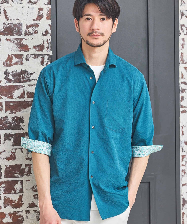 ナチュラルストレッチワッシャー七分袖ワイドカラーシャツ