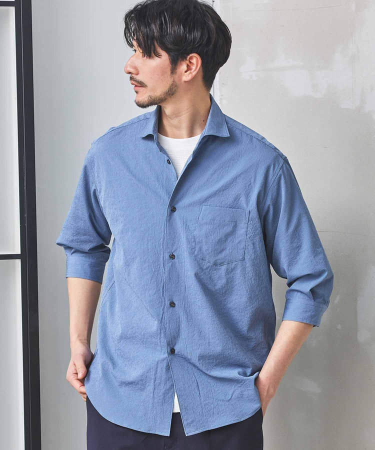 ナチュラルストレッチワッシャー七分袖ワイドカラーシャツ