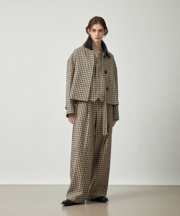 WOOL CHECK LEATHER COLLAR BLOUSON / ウールチェックレザーカラーブルゾン