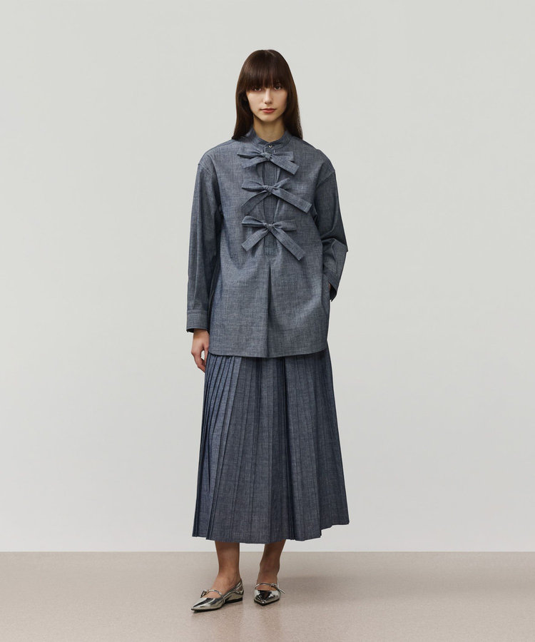 4.5OZ DENIM TRIPLE RIBBON BLOUSE / 4.5OZデニムトリプルリボンブラウス