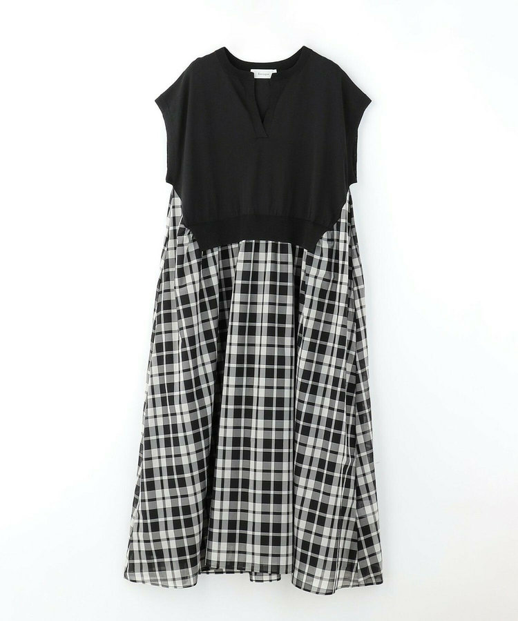 【大きいサイズ】feerique ニット×シアーチェックドッキングワンピース