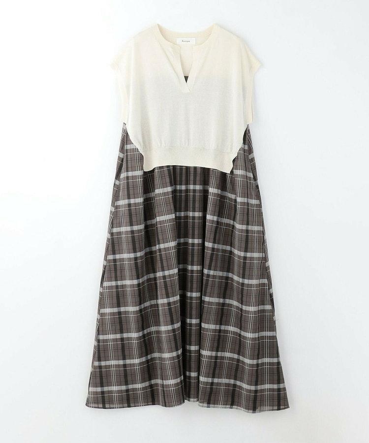 【大きいサイズ】feerique ニット×シアーチェックドッキングワンピース