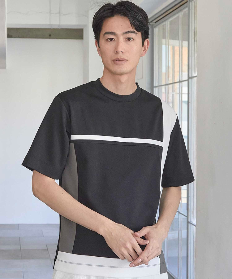 パネル切り替え 異素材コンビクルーネックＴ