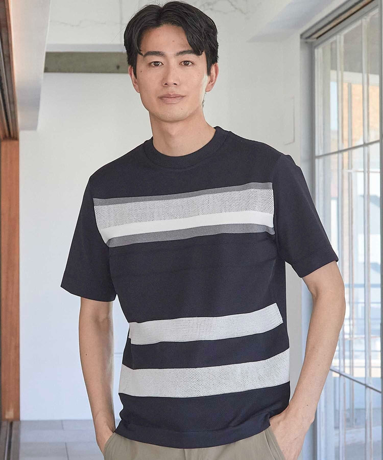 ニット切り替え ボーダー ポンチTシャツ