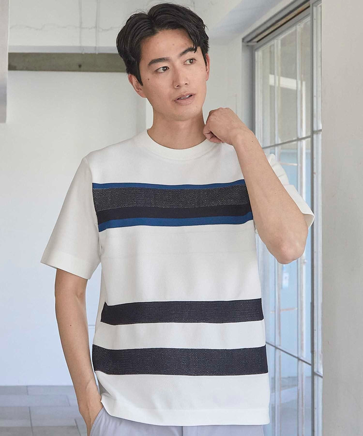 ニット切り替え ボーダー ポンチTシャツ